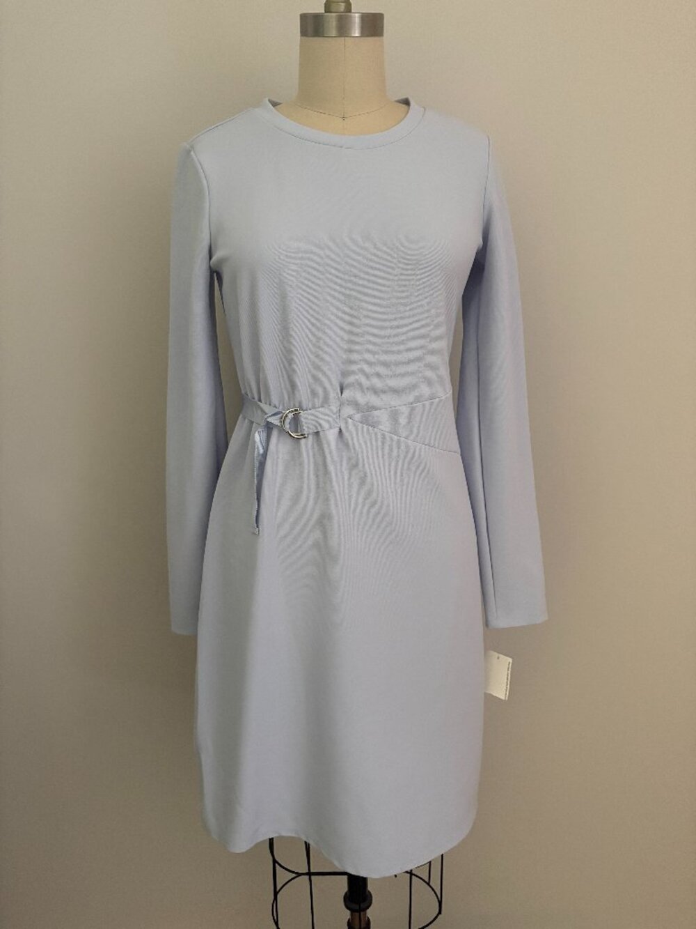 Bar III Belted Shift Dress Long Sleeve Light Blue Crewneck Sheath Mini Office S